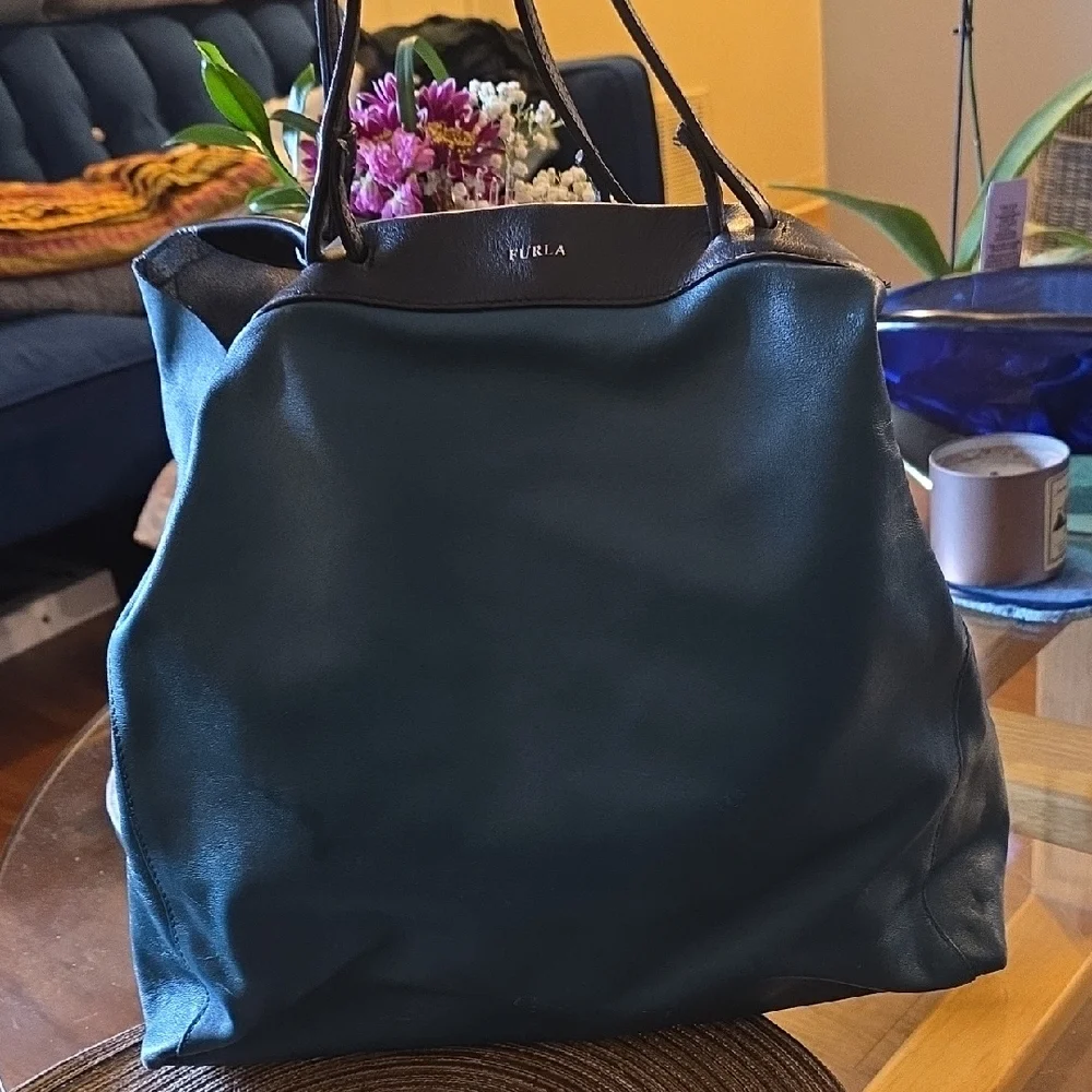 Furla For Saks Bluegreen Tote Bag Sleek Design Spacious. A-6. - Picture 1 of 4